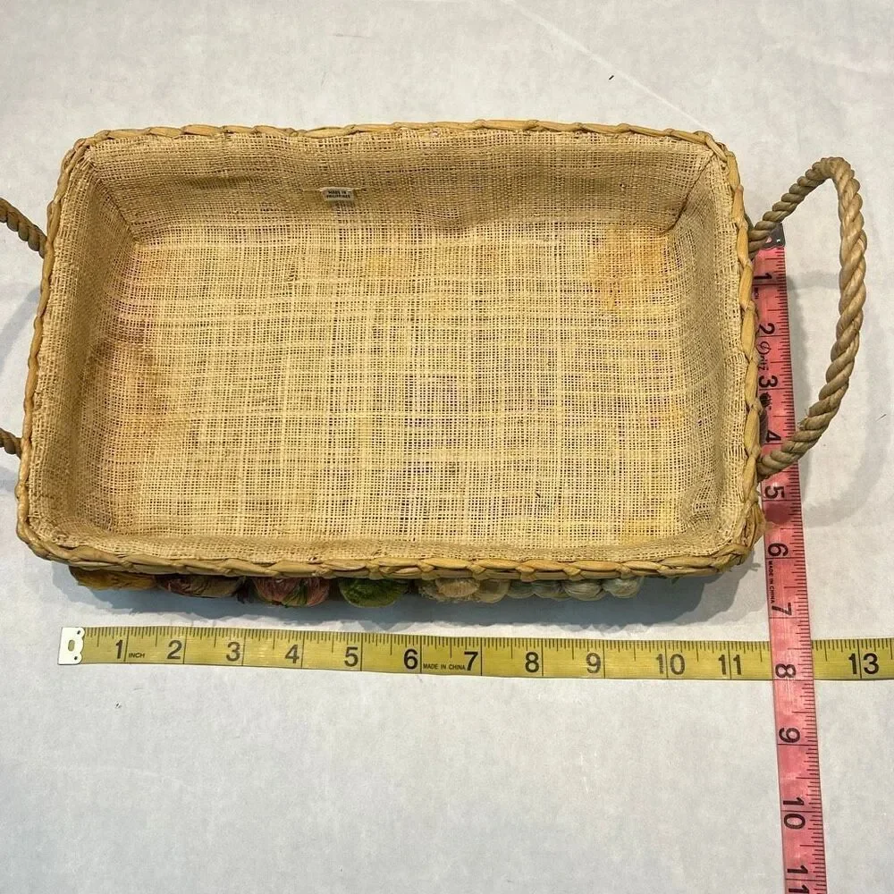 Vtg Woven Straw Lined Basket with 3D Fruit on Sides Phillipines Handmade Boho